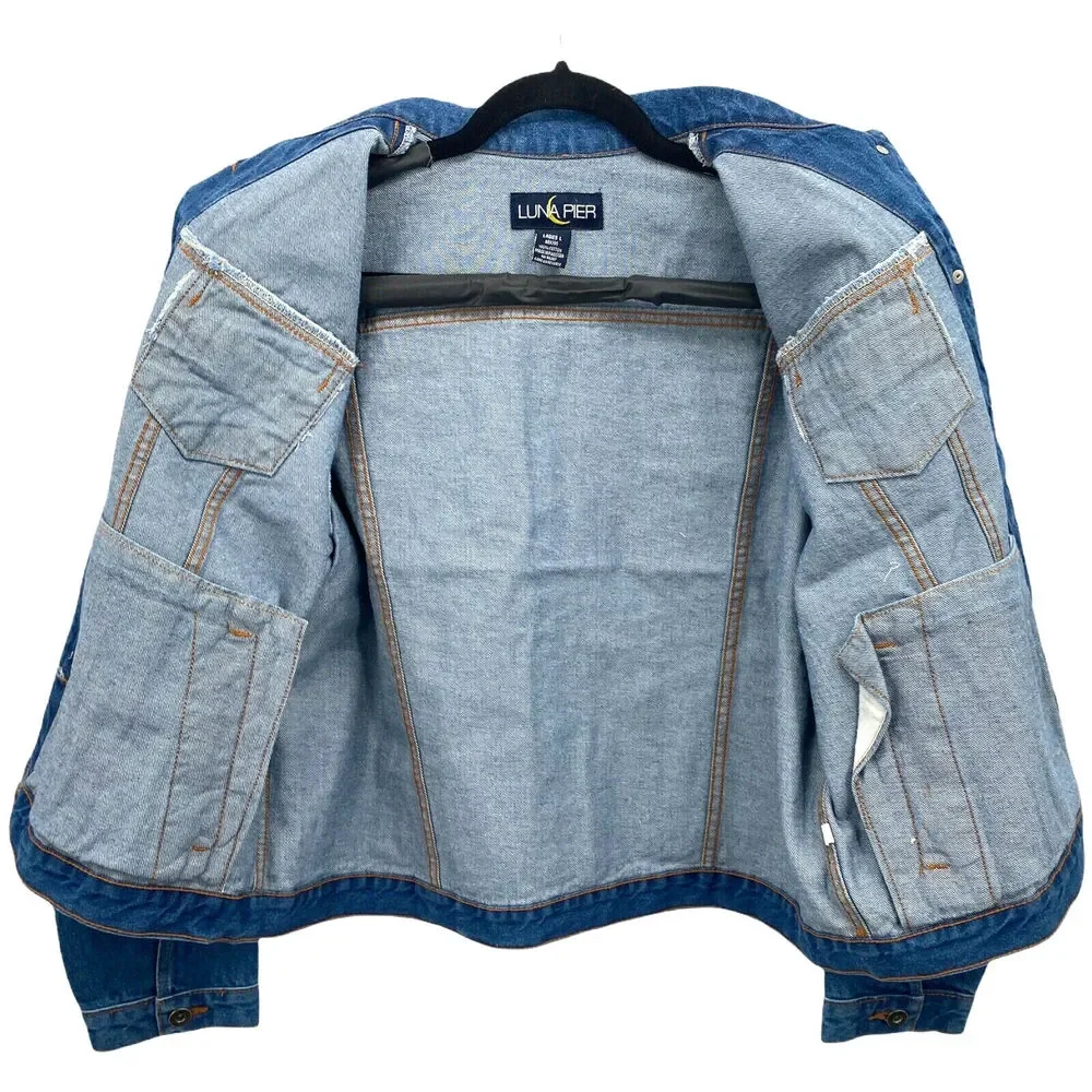 VTG Jean Jacket L Denim Coat Western 90s Street Grunge Blank Cowgirl Trucker 80s